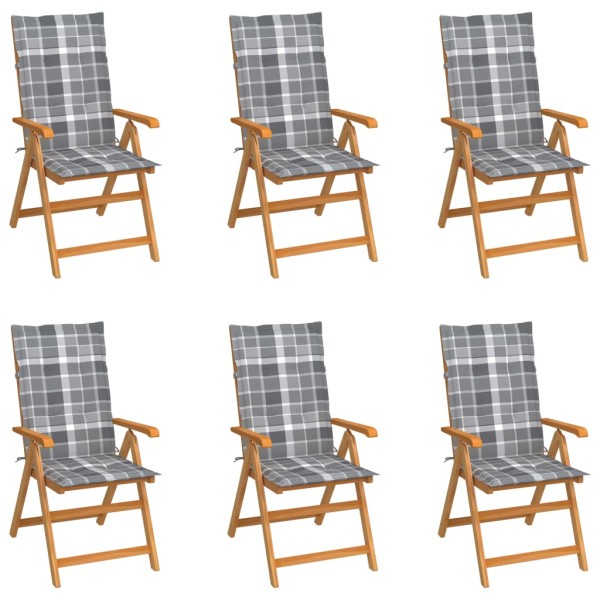 Garden chairs with checkered cushions, 6 pcs., teak