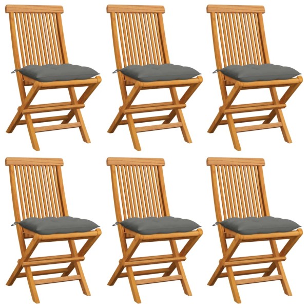 Garden chairs with cushions, 6 pcs., gray solid teak wood