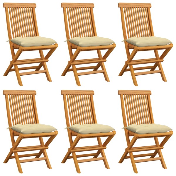 Garden chairs with cushions, 6 pcs., creamy white, solid teak