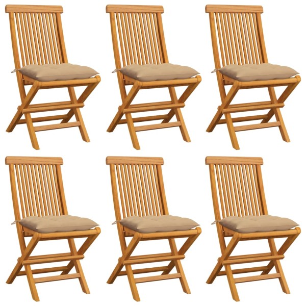 Garden chairs with cushions, 6 pcs., cream, solid teak
