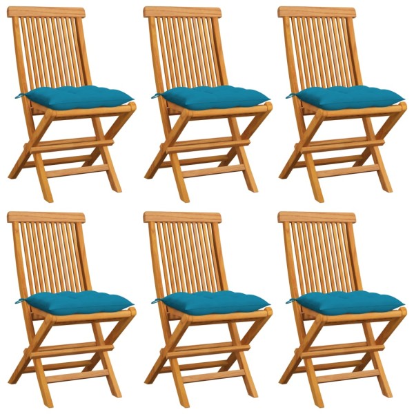 Garden chairs with cushions, 6 pcs., light blue, solid teak