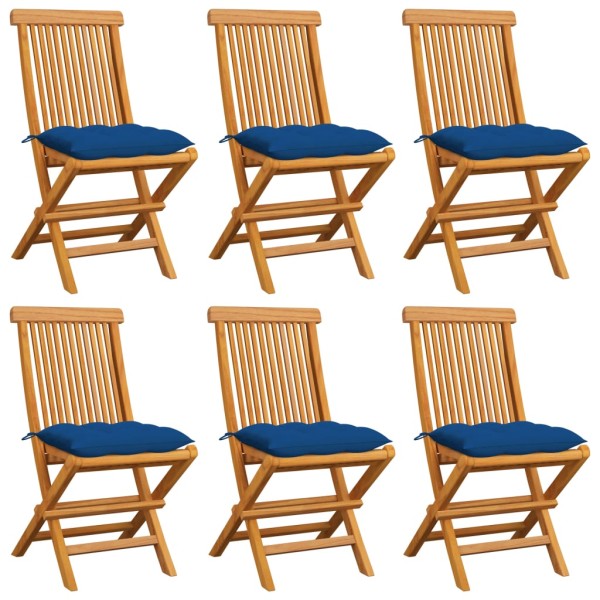 Garden chairs with cushions, 6 pcs., blue, solid teak