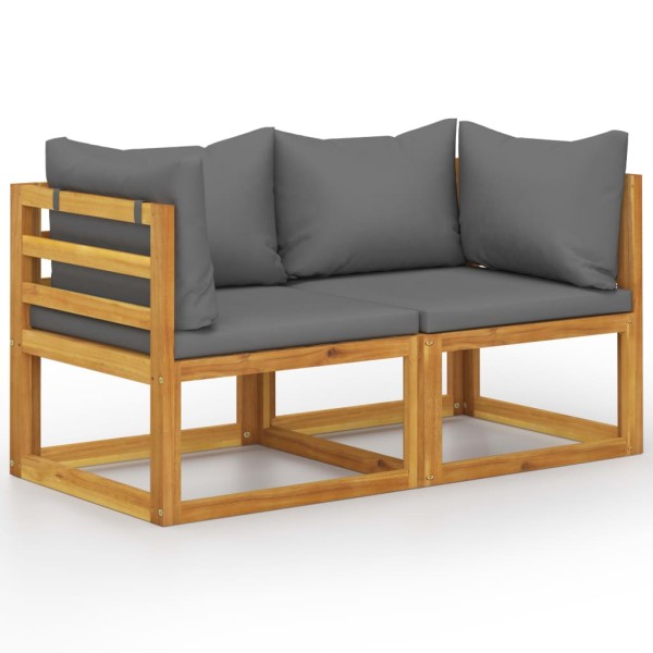 Double garden bench with dark gray cushions