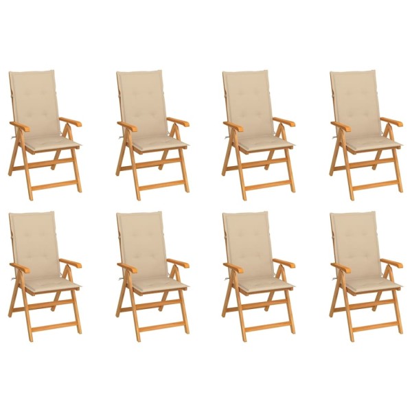 Reclining garden chairs with cushions, 8 pcs., solid teak