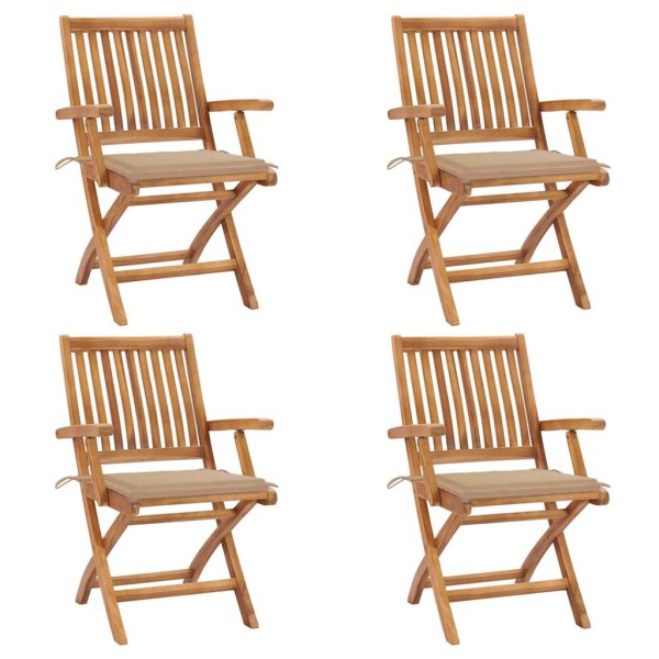 Folding garden chairs with cushions, 4 pcs., teak