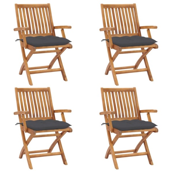 Folding garden chairs with cushions, 4 pcs., teak