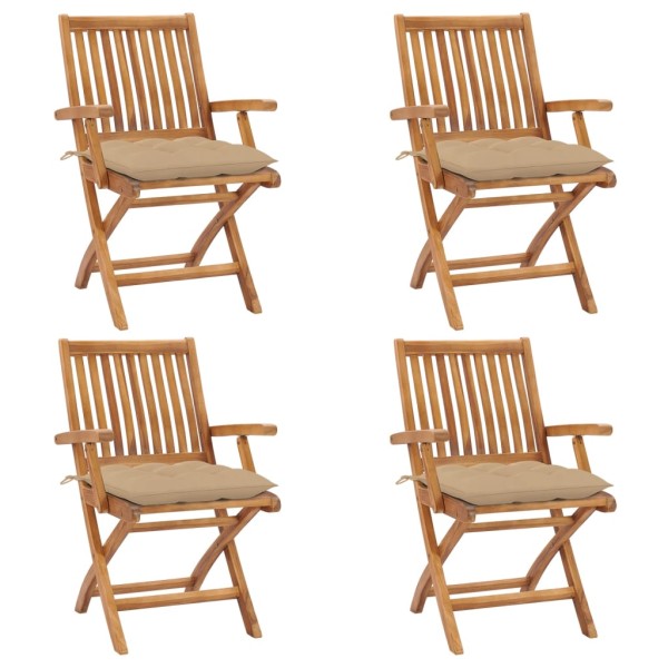 Folding garden chairs with cushions, 4 pcs., teak