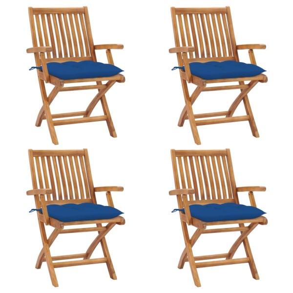 Folding garden chairs with cushions, 4 pcs., teak