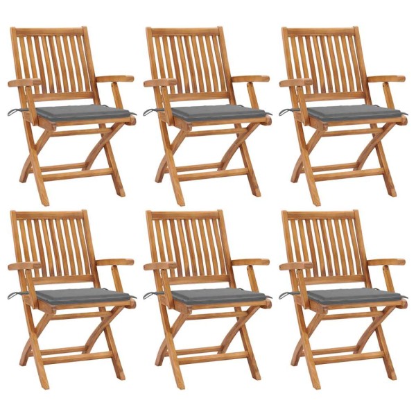 Folding garden chairs with cushions, 6 pcs., teak