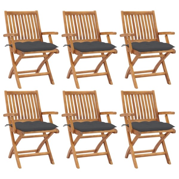 Folding garden chairs with cushions, 6 pcs., teak