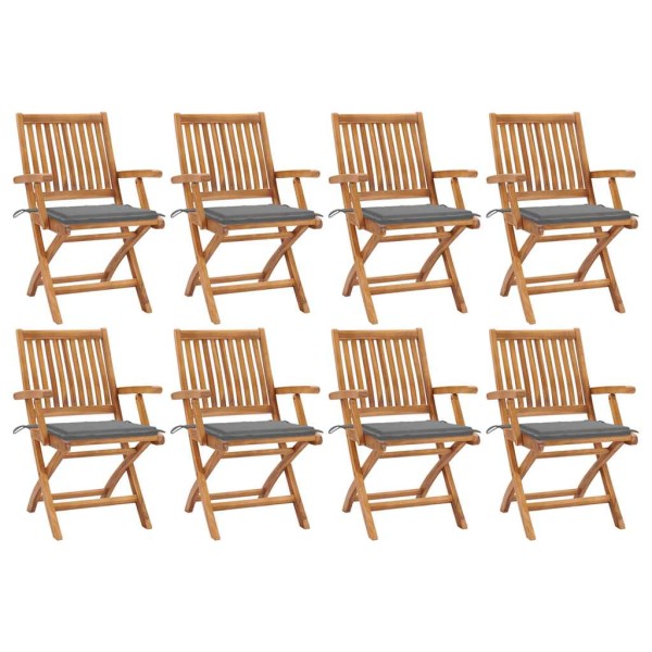Folding garden chairs with cushions, 8 pcs., teak