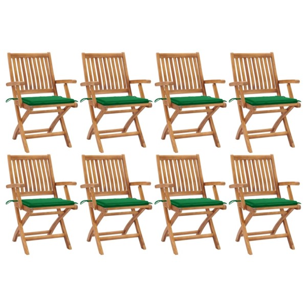 Folding garden chairs with cushions, 8 pcs., teak