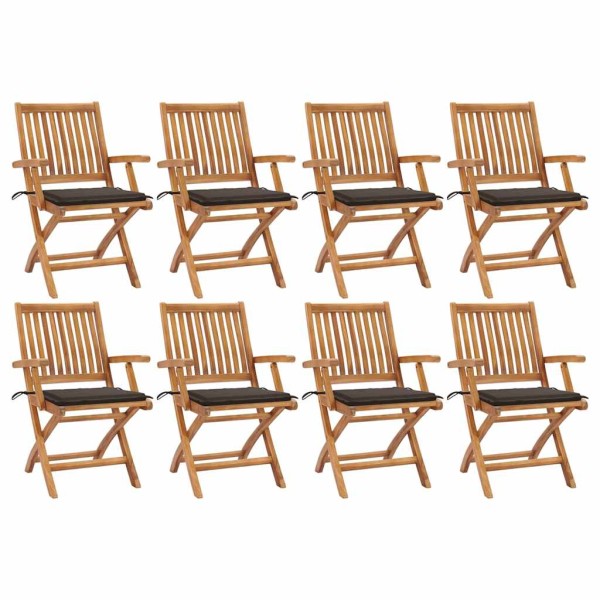 Folding garden chairs with cushions, 8 pcs., teak
