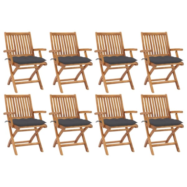 Folding garden chairs with cushions, 8 pcs., teak