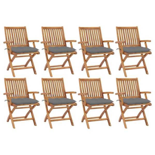Folding garden chairs with cushions, 8 pcs., teak