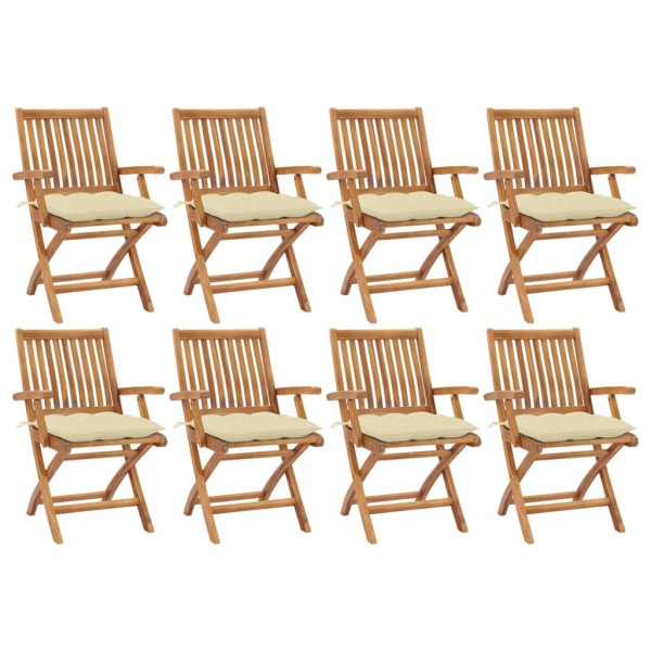 Folding garden chairs with cushions, 8 pcs., teak