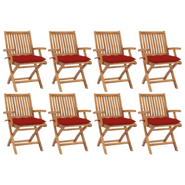 Folding garden chairs with cushions, 8 pcs., teak