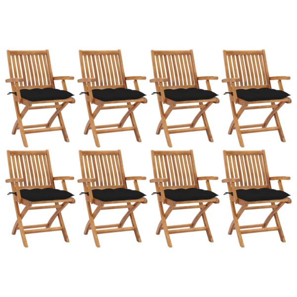 Folding garden chairs with cushions, 8 pcs., teak