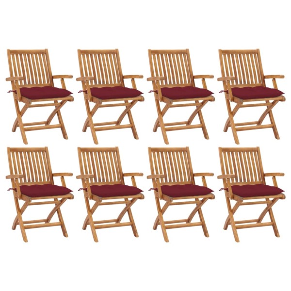 Folding garden chairs with cushions, 8 pcs., teak