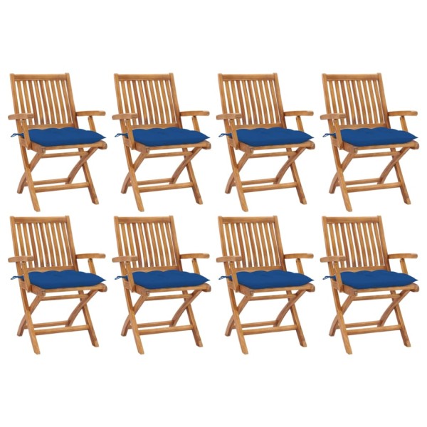 Folding garden chairs with cushions, 8 pcs., teak