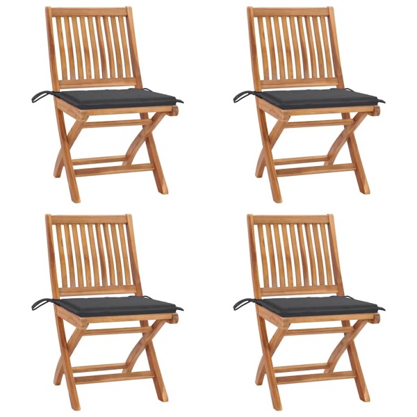Folding garden chairs with cushions, 4 pcs., teak