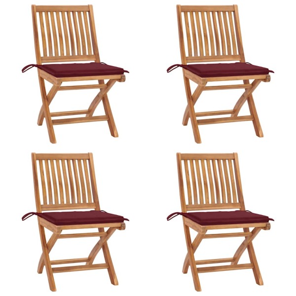 Folding garden chairs with cushions, 4 pcs., teak