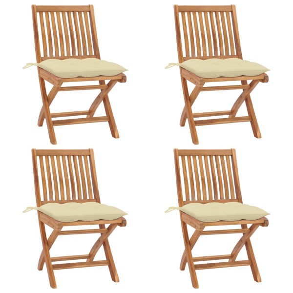 Folding garden chairs with cushions, 4 pcs., teak
