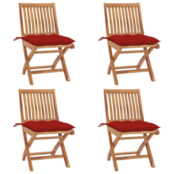 Folding garden chairs with cushions, 4 pcs., teak