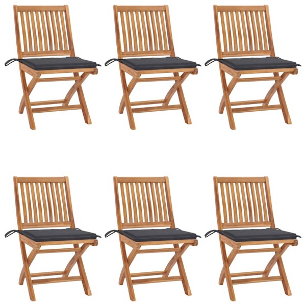 Folding garden chairs with cushions, 6 pcs., teak