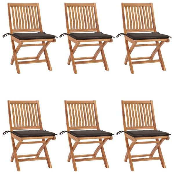 Folding garden chairs with cushions, 6 pcs., teak