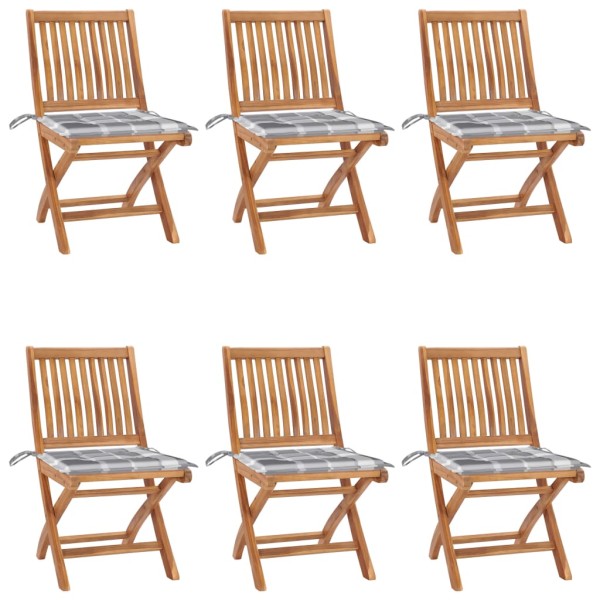 Folding garden chairs with cushions, 6 pcs., teak