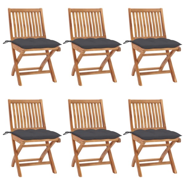 Folding garden chairs with cushions, 6 pcs., teak