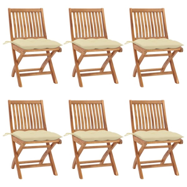 Folding garden chairs with cushions, 6 pcs., teak