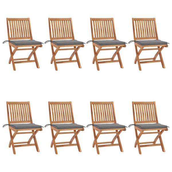 Folding garden chairs with cushions, 8 pcs., teak