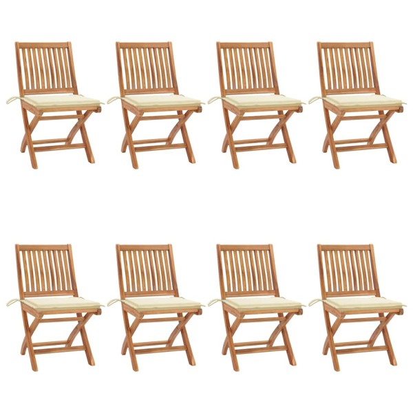 Folding garden chairs with cushions, 8 pcs., teak