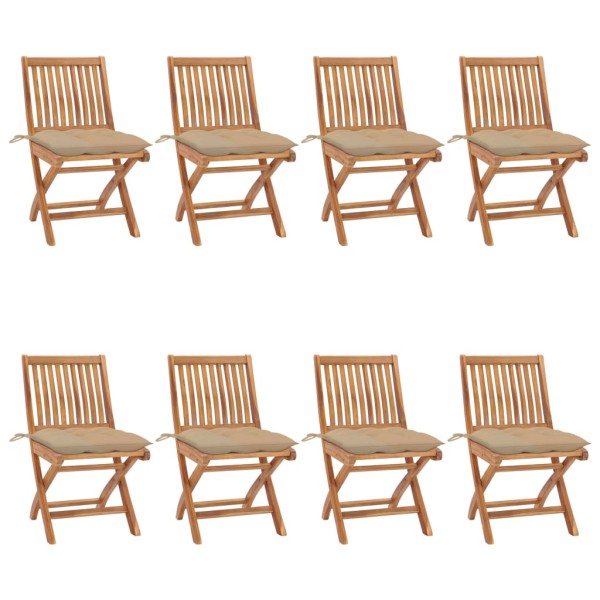 Folding garden chairs with cushions, 8 pcs., teak