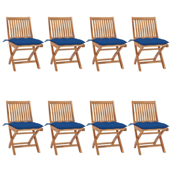 Folding garden chairs with cushions, 8 pcs., teak