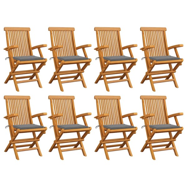 Garden chairs with gray cushions, 8 pcs., solid teak