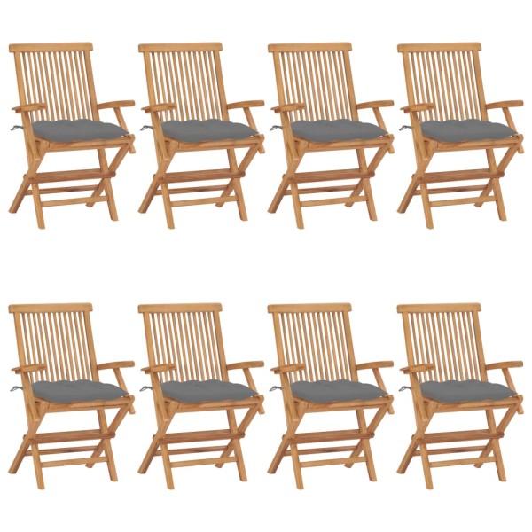 Garden chairs with gray cushions, 8 pcs., solid teak