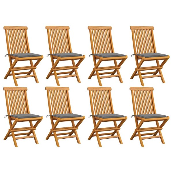 Garden chairs with gray cushions, 8 pcs., solid teak