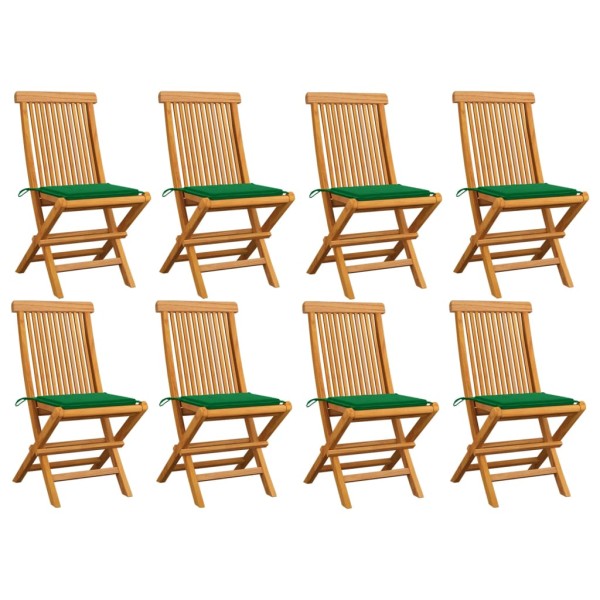 Garden chairs with green cushions, 8 pcs., solid teak