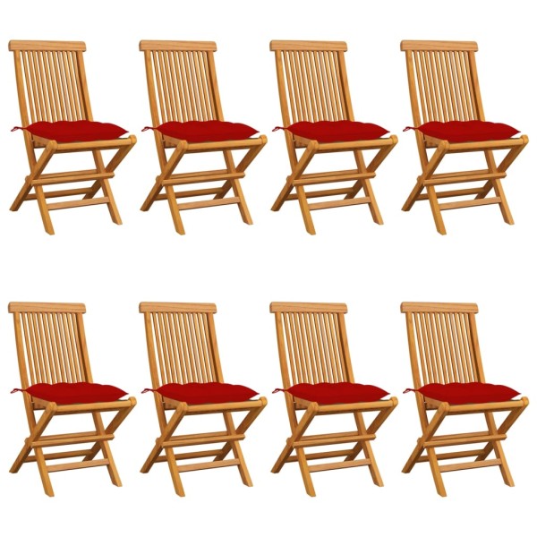 Garden chairs with red cushions, 8 pcs., solid teak