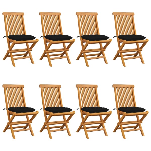 Garden chairs with black cushions, 8 pcs., solid teak