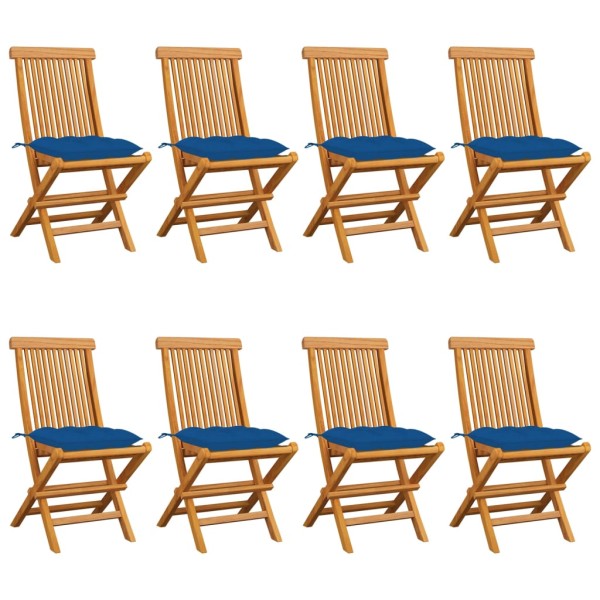 Garden chairs with blue cushions, 8 pcs., solid teak