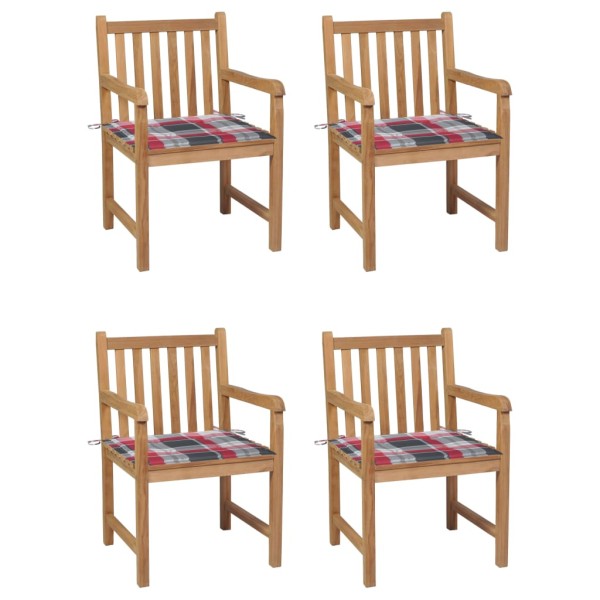 Garden chairs with checkered cushions, 4 pcs., teak