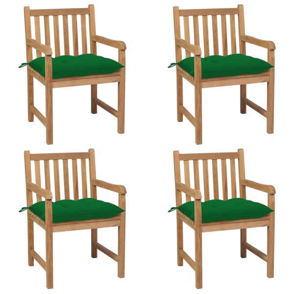 Garden chairs with green cushions, 4 pcs., solid teak