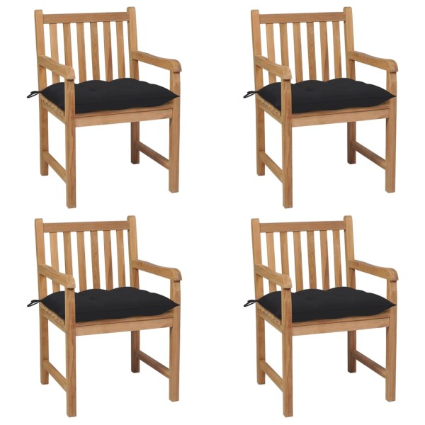 Garden chairs with black cushions, 4 pcs., solid teak