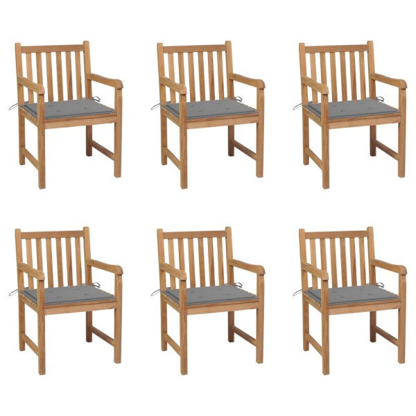 Garden chairs with gray cushions, 6 pcs., solid teak