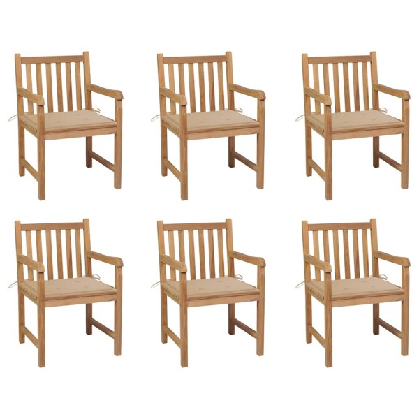 Garden chairs with beige cushions, 6 pcs., teak