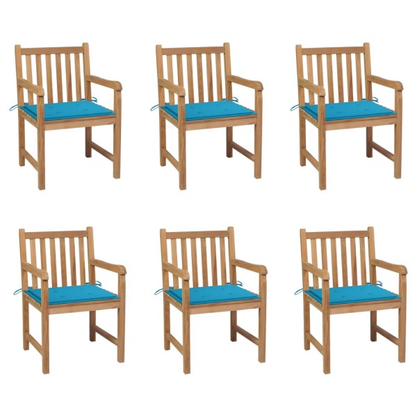 Garden chairs with blue cushions, 6 pcs., teak